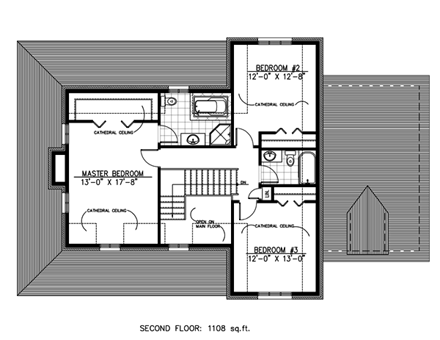 Farmhouse, Narrow Lot House Plan 48116 with 3 Beds, 2 Baths, 1 Car Garage Second Level Plan