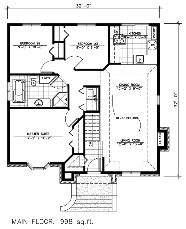 European, Narrow Lot, One-Story House Plan 48123 with 3 Beds, 1 Baths Level One