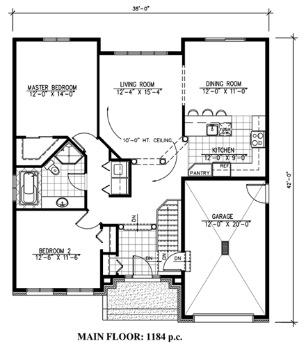 European, Narrow Lot, One-Story House Plan 48132 with 2 Beds, 1 Baths, 1 Car Garage First Level Plan