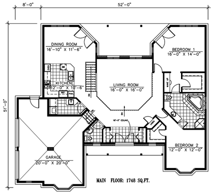 One-Story, Traditional House Plan 48161 with 2 Beds, 2 Baths, 2 Car Garage First Level Plan