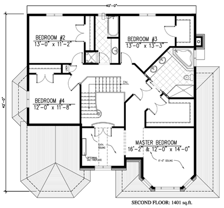 Victorian House Plan 48174 with 4 Beds, 3 Baths, 2 Car Garage Second Level Plan