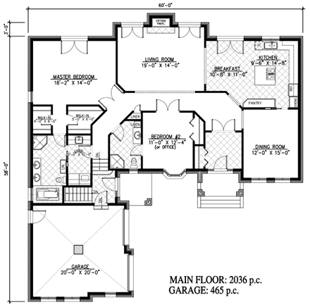 European, One-Story House Plan 48182 with 2 Beds, 2 Baths, 2 Car Garage First Level Plan