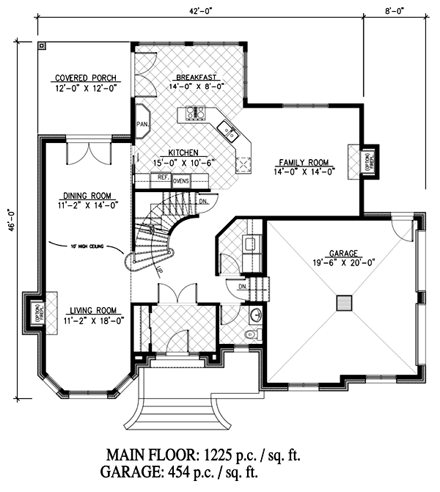 European House Plan 48184 with 2 Beds, 3 Baths, 2 Car Garage First Level Plan