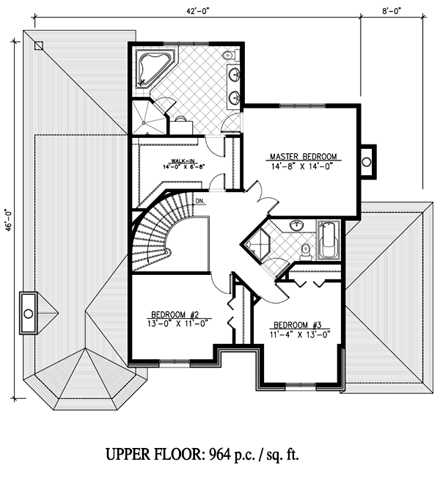 European House Plan 48184 with 2 Beds, 3 Baths, 2 Car Garage Second Level Plan
