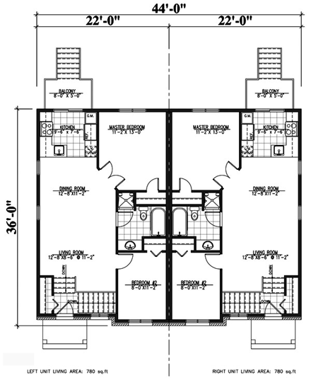 Traditional Multi-Family Plan 48247 with 4 Beds, 2 Baths First Level Plan