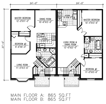 European Multi-Family Plan 48250 with 4 Beds, 2 Baths First Level Plan
