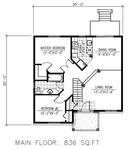 European House Plan 48253 with 2 Beds, 1 Baths First Level Plan