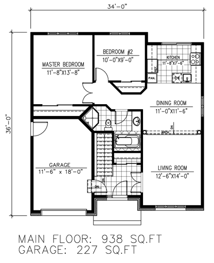 European House Plan 48258 with 2 Beds, 1 Baths, 1 Car Garage First Level Plan