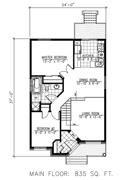 European House Plan 48260 with 2 Beds, 1 Baths First Level Plan