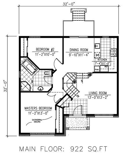 European House Plan 48269 with 2 Beds, 1 Baths First Level Plan