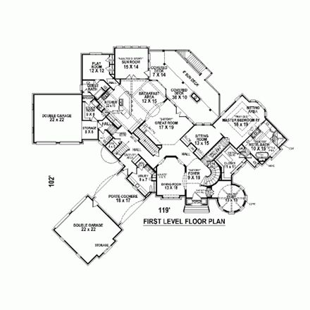 Country, European House Plan 48310 with 4 Beds, 6 Baths, 4 Car Garage First Level Plan