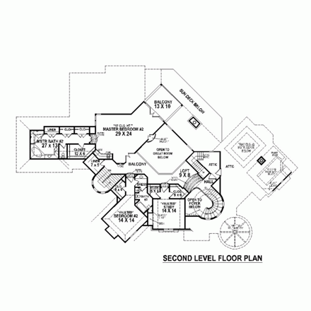 Country, European House Plan 48310 with 4 Beds, 6 Baths, 4 Car Garage Second Level Plan