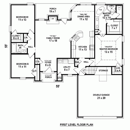 Traditional House Plan 48322 with 3 Beds, 2 Baths, 2 Car Garage First Level Plan