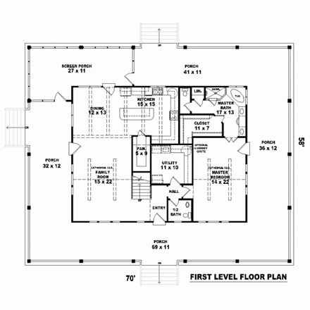 House Plan 48372 with 3 Beds, 3 Baths First Level Plan