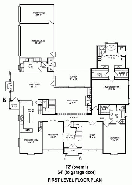 Country, European House Plan 48392 with 5 Beds, 6 Baths, 3 Car Garage First Level Plan