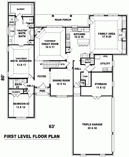 European House Plan 48521 with 4 Beds, 4 Baths, 2 Car Garage First Level Plan