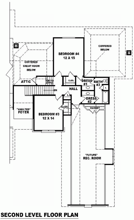 European House Plan 48521 with 4 Beds, 4 Baths, 2 Car Garage Second Level Plan