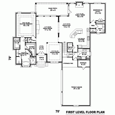European House Plan 48549 with 3 Beds, 3 Baths, 3 Car Garage First Level Plan