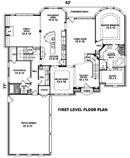 Traditional House Plan 48559 with 4 Beds, 4 Baths, 3 Car Garage First Level Plan