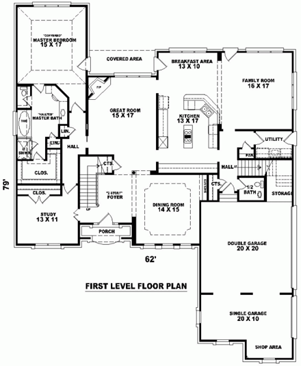 European House Plan 48562 with 3 Beds, 4 Baths, 3 Car Garage First Level Plan