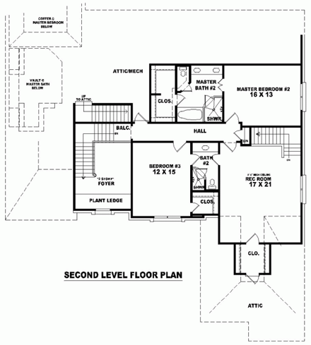 European House Plan 48562 with 3 Beds, 4 Baths, 3 Car Garage Second Level Plan
