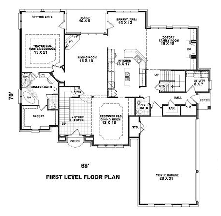 European House Plan 48564 with 4 Beds, 4 Baths, 3 Car Garage First Level Plan