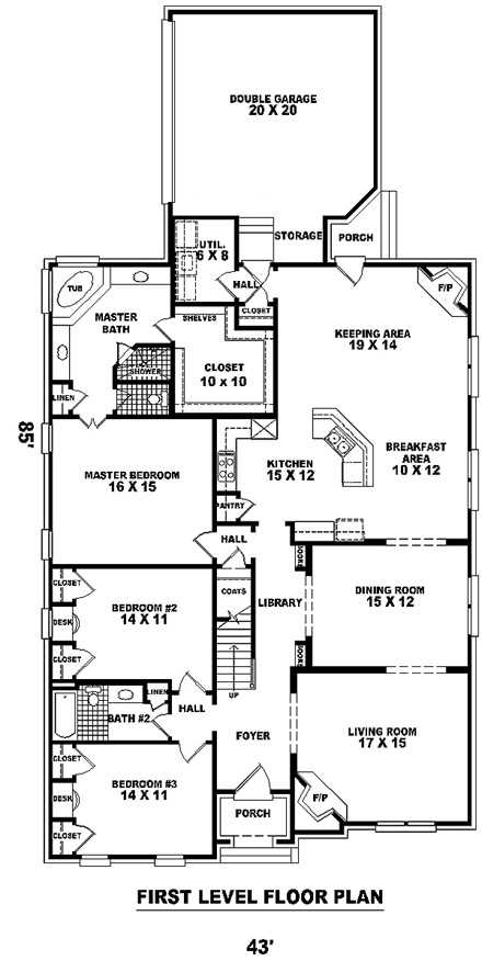 Craftsman House Plan 48571 with 3 Beds, 2 Baths, 2 Car Garage First Level Plan
