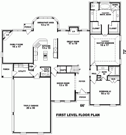 European, Traditional House Plan 48583 with 4 Beds, 4 Baths, 3 Car Garage First Level Plan