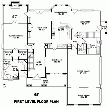 European House Plan 48592 with 4 Beds, 4 Baths, 3 Car Garage First Level Plan