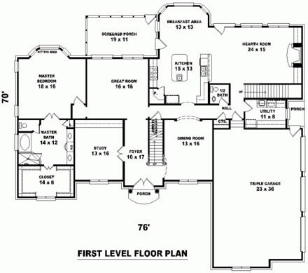 European, Traditional House Plan 48599 with 5 Beds, 5 Baths, 3 Car Garage First Level Plan
