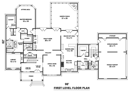 Traditional House Plan 48642 with 4 Beds, 4 Baths, 3 Car Garage First Level Plan