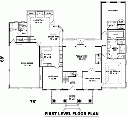 Colonial, Plantation House Plan 48662 with 5 Beds, 5 Baths, 3 Car Garage First Level Plan