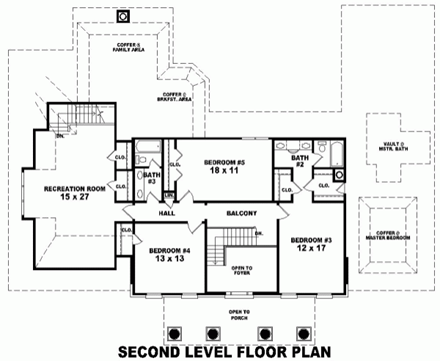 Colonial, Plantation House Plan 48662 with 5 Beds, 5 Baths, 3 Car Garage Second Level Plan