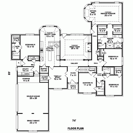 Country, European House Plan 48680 with 5 Beds, 5 Baths, 3 Car Garage First Level Plan