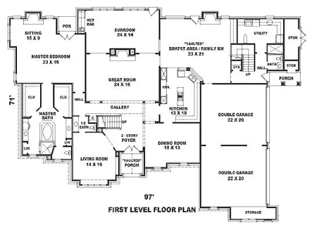 Tudor House Plan 48704 with 6 Beds, 7 Baths, 3 Car Garage First Level Plan