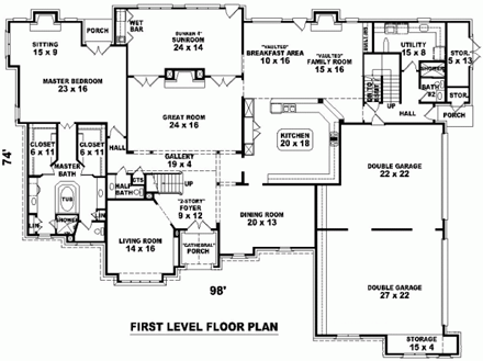 Tudor House Plan 48706 with 6 Beds, 5 Baths, 3 Car Garage First Level Plan