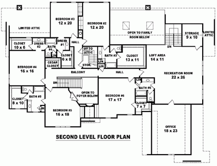 Tudor House Plan 48706 with 6 Beds, 5 Baths, 3 Car Garage Second Level Plan