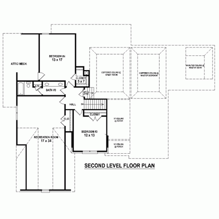 Country, European House Plan 48741 with 4 Beds, 4 Baths, 3 Car Garage Second Level Plan
