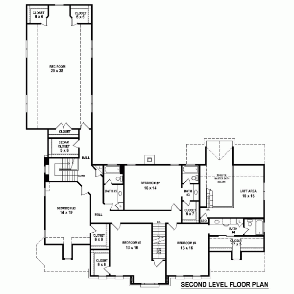 Traditional House Plan 48755 with 5 Beds, 4 Baths, 3 Car Garage Level Two