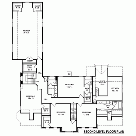 Traditional House Plan 48755 with 5 Beds, 4 Baths, 3 Car Garage Second Level Plan