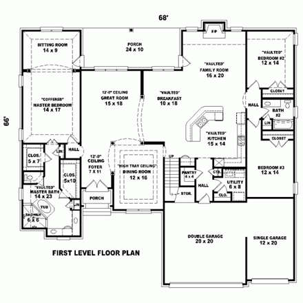 Country, European House Plan 48757 with 4 Beds, 3 Baths, 3 Car Garage First Level Plan
