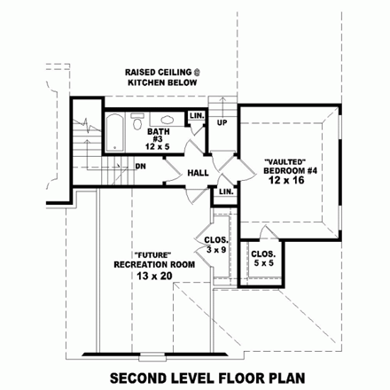 Country, European House Plan 48757 with 4 Beds, 3 Baths, 3 Car Garage Second Level Plan