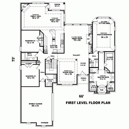 Country, European House Plan 48758 with 3 Beds, 4 Baths, 2 Car Garage First Level Plan