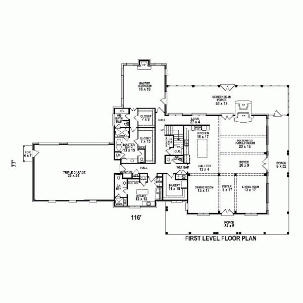 Country, Plantation House Plan 48759 with 3 Beds, 4 Baths, 3 Car Garage Level One