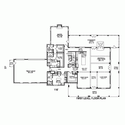 Country, Plantation House Plan 48759 with 3 Beds, 4 Baths, 3 Car Garage First Level Plan