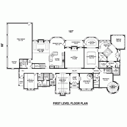 Country, European, Tudor House Plan 48760 with 4 Beds, 4 Baths, 3 Car Garage First Level Plan