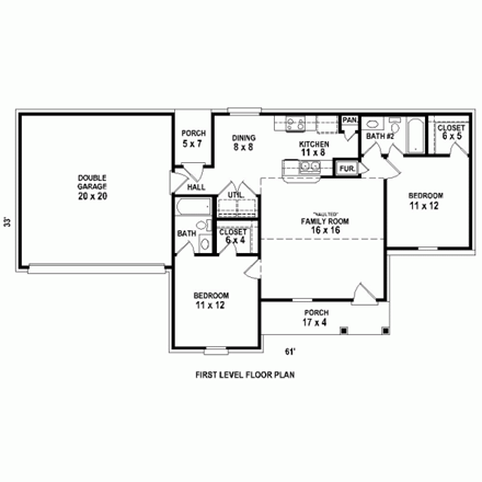 Traditional House Plan 48762 with 2 Beds, 2 Baths, 2 Car Garage First Level Plan