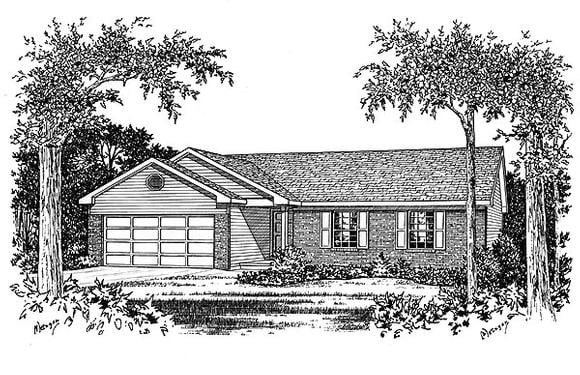 One-Story, Ranch House Plan 49001 with 3 Beds, 2 Baths, 2 Car Garage Elevation