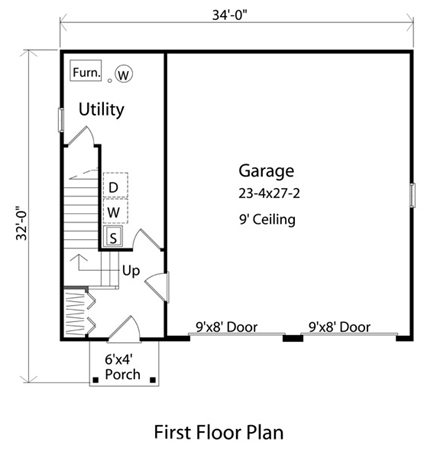 Farmhouse, Narrow Lot 2 Car Garage Apartment Plan 49032 with 1 Beds, 1 Baths First Level Plan