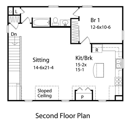 Farmhouse, Narrow Lot 2 Car Garage Apartment Plan 49032 with 1 Beds, 1 Baths Second Level Plan